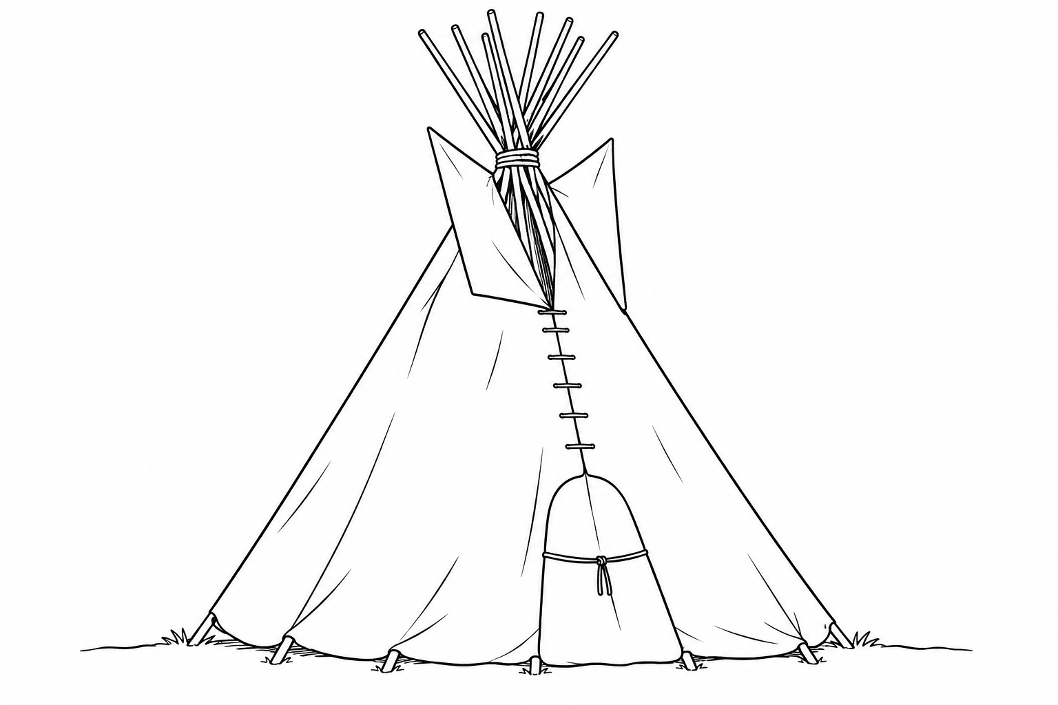Tipi de cubierta lisa con entrada, solapas superiores y postes que sobresalen