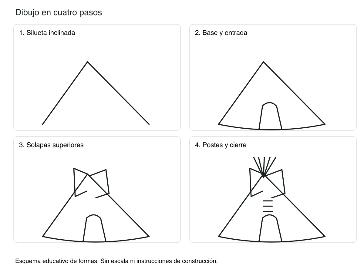 Secuencia de cuatro pasos geométricos para dibujar tipi lakota