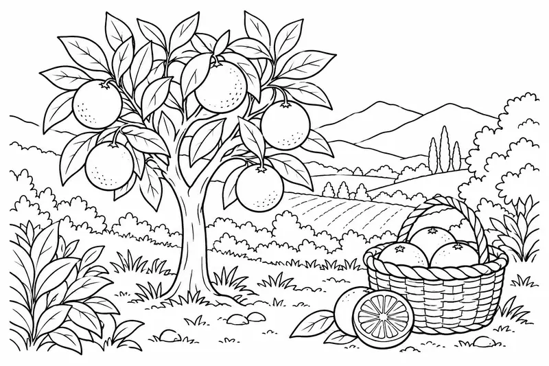 Árbol de cítricos junto a una cesta de frutos
