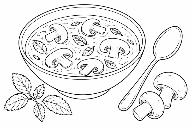 Plato de sopa con hongos y hojas, acompañado por una ramita de hierbabuena