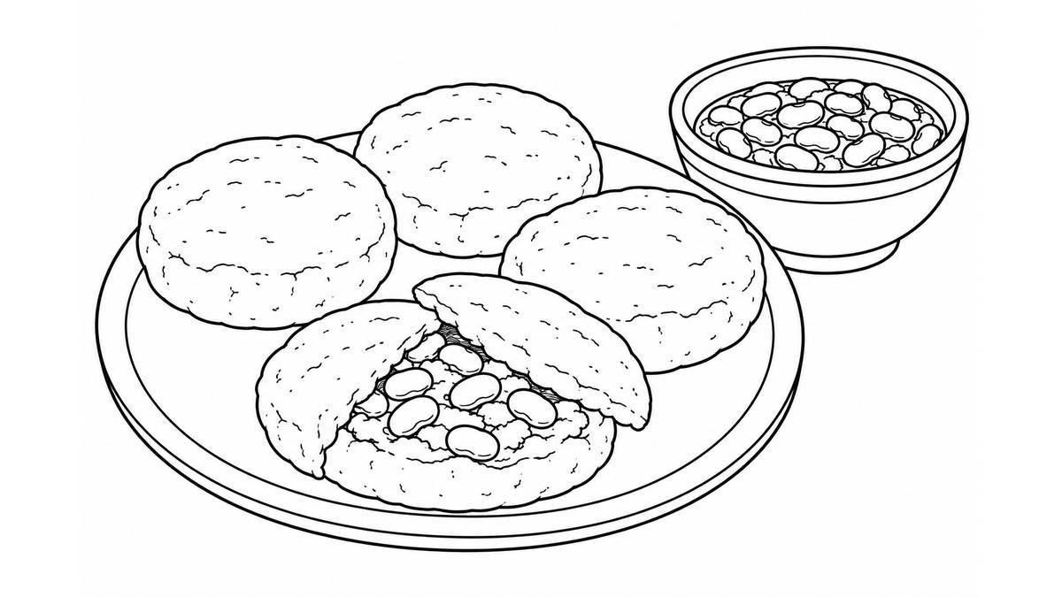 Plato de pequeños bocoles con una pieza abierta y un cuenco de frijoles