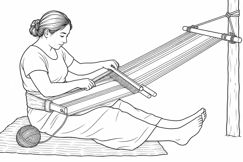 Persona sentada trabajando en un telar de cintura con hilos extendidos y travesaños de madera