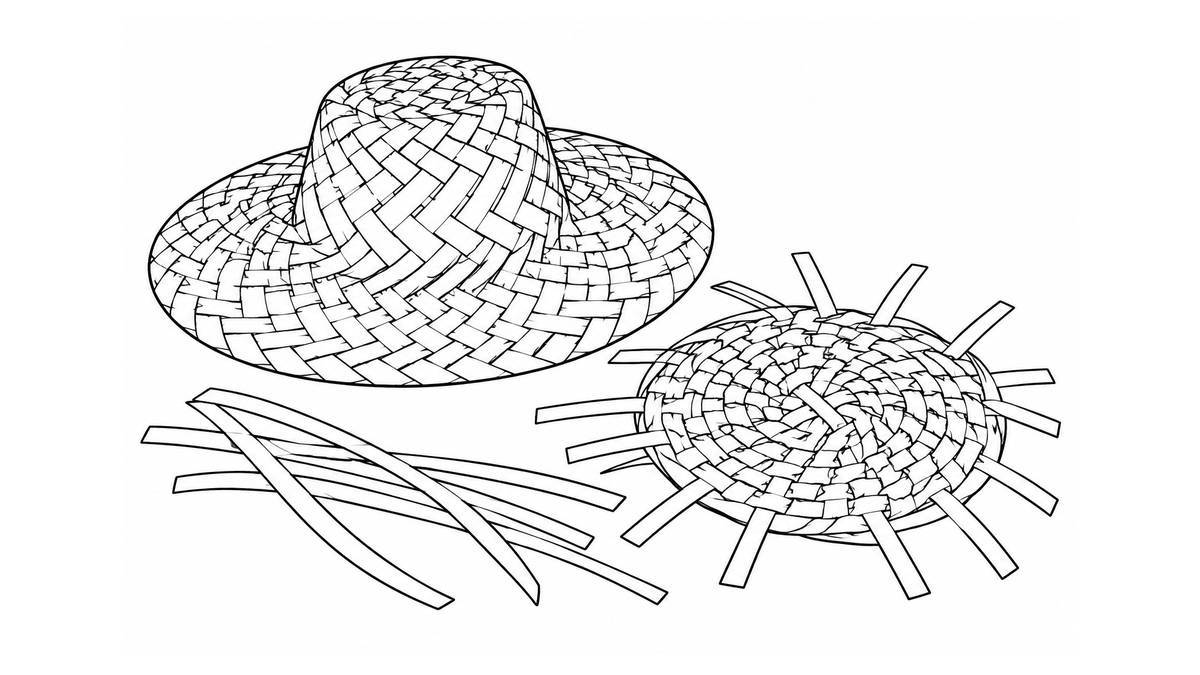 Sombrero de palma junto a una pieza circular en elaboración y tiras vegetales