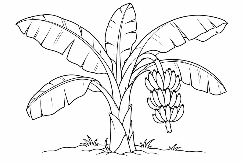 Planta de plátano con grandes hojas abiertas y un racimo de frutos