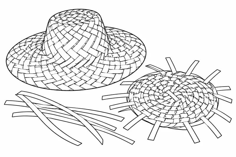 Sombrero de palma junto a una pieza circular en elaboración y tiras vegetales