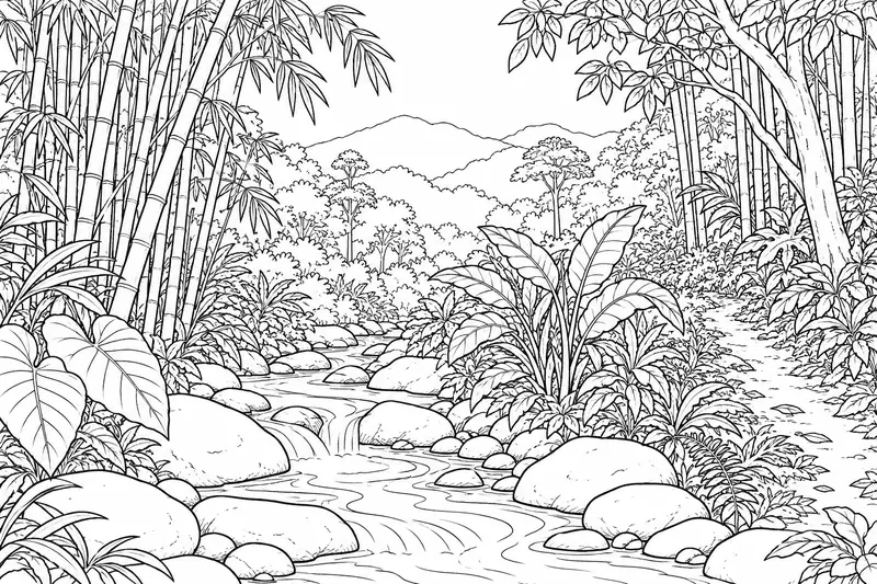 Bosque con un pequeño cauce, piedras y vegetación abundante entre las orillas
