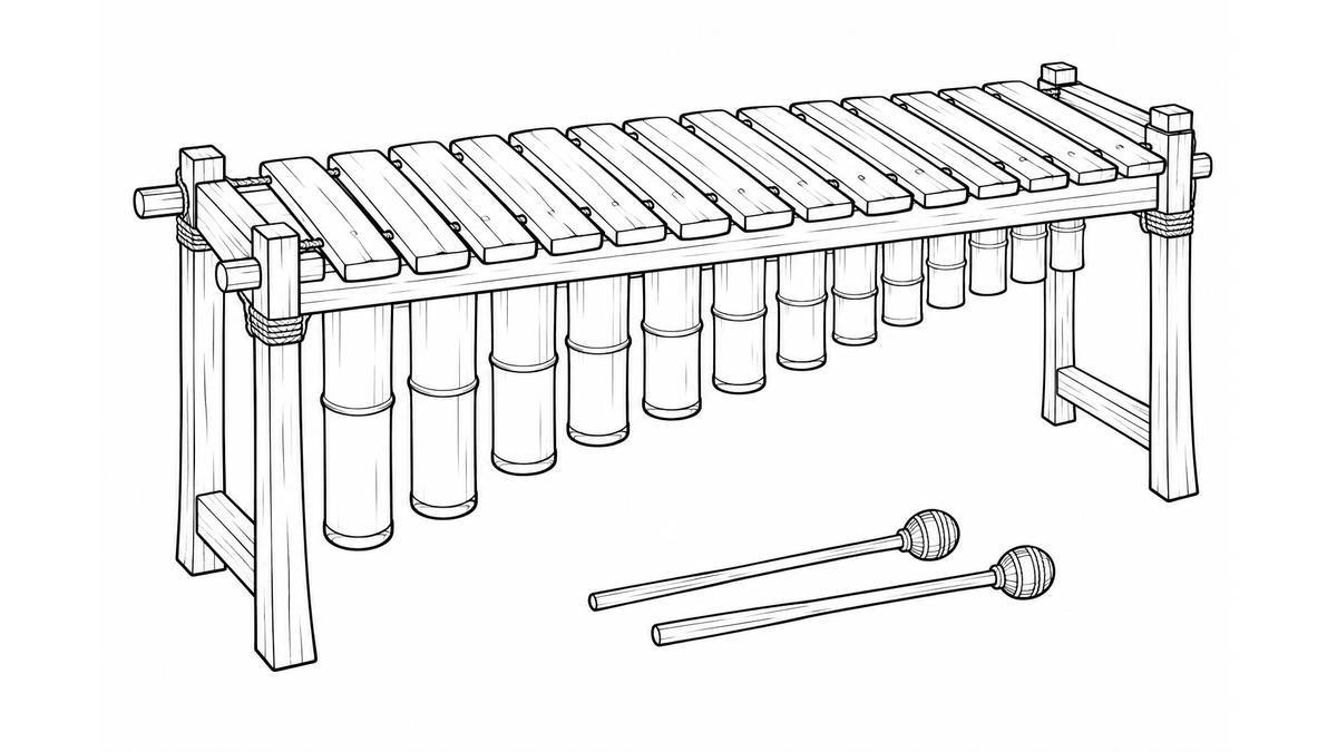 Marimba de madera con barras de distinta longitud, resonadores y dos baquetas