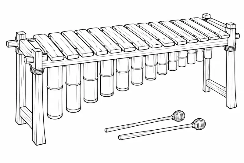 Marimba de madera con barras de distinta longitud, resonadores y dos baquetas