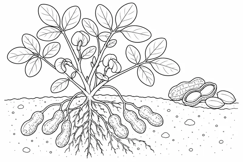Planta de cacahuate con vainas bajo el suelo y algunas abiertas a un lado