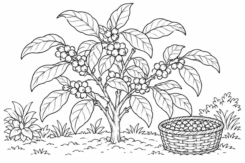 Arbusto de café con hojas y frutos junto a una cesta baja