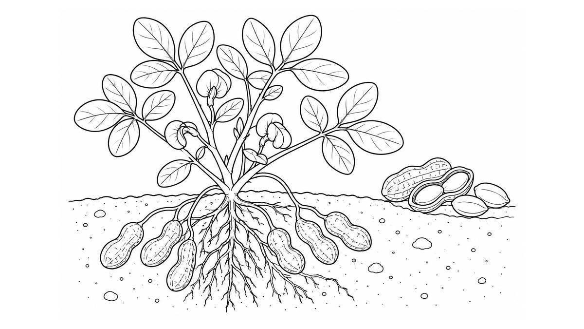 Planta de cacahuate con vainas bajo el suelo y algunas abiertas a un lado
