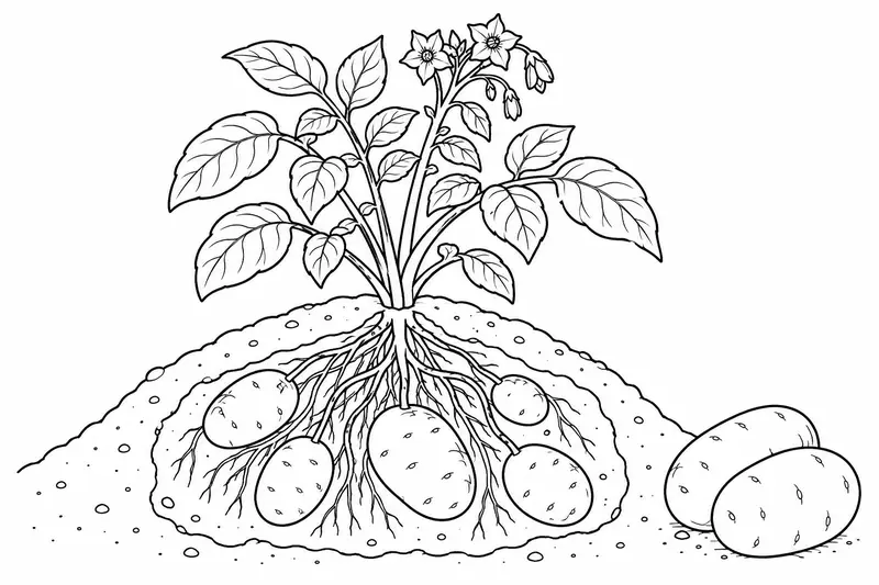 Planta de papa con hojas y tubérculos visibles en un corte esquemático del suelo