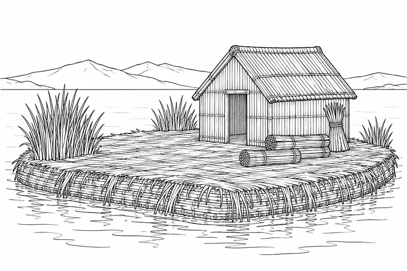 Recreación de una isla flotante con vivienda de totora