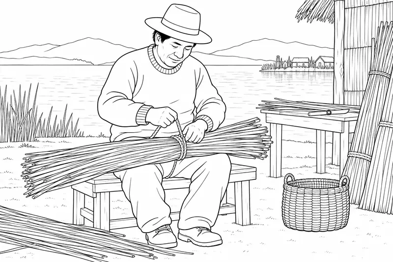 Persona adulta preparando un haz de totora