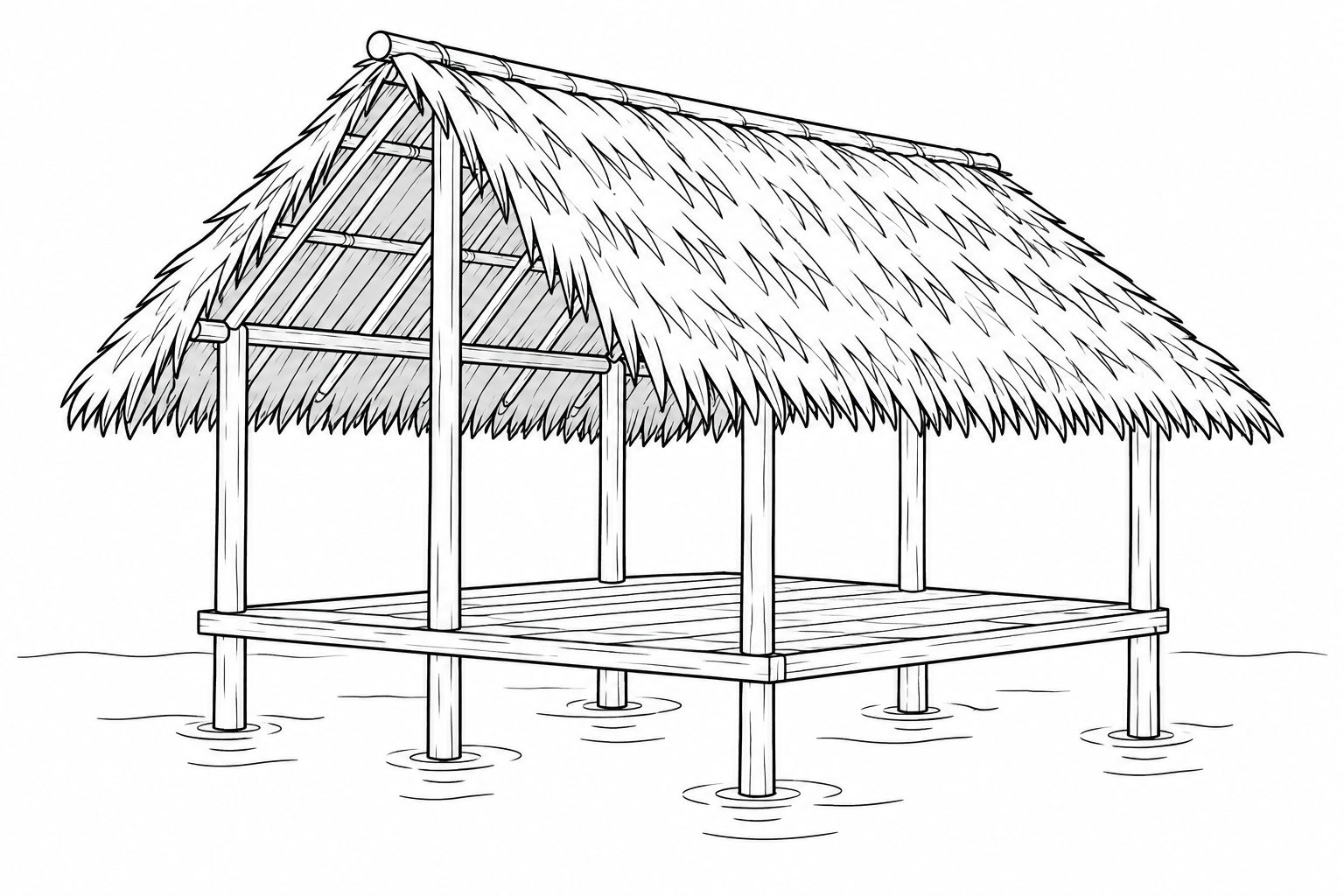 Plataforma elevada sobre el agua y cubierta vegetal a dos aguas de una vivienda warao