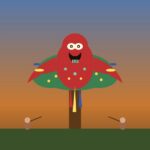 Vucub Caquix: el falso sol guacamayo del Popol Vuh Ilustración de Vucub Caquix como guacamaya gigante con dientes de jade sobre árbol nance