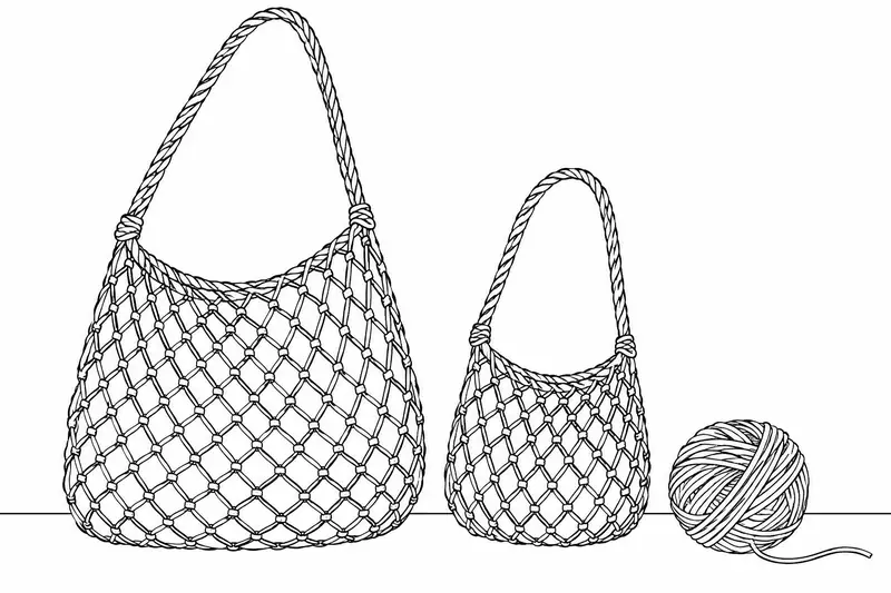 Dos bolsas de malla de fibra con asas largas y un ovillo sobre una superficie blanca