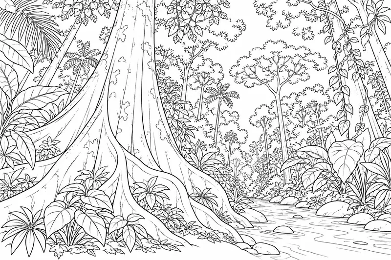 Árbol de grandes raíces junto a un río, con varios planos de vegetación amazónica