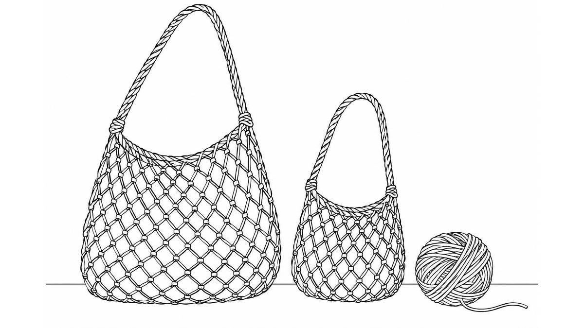 Dos bolsas de malla de fibra con asas largas y un ovillo sobre una superficie blanca