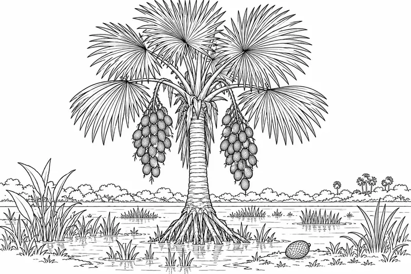Palma de moriche con hojas en abanico y racimos de frutos