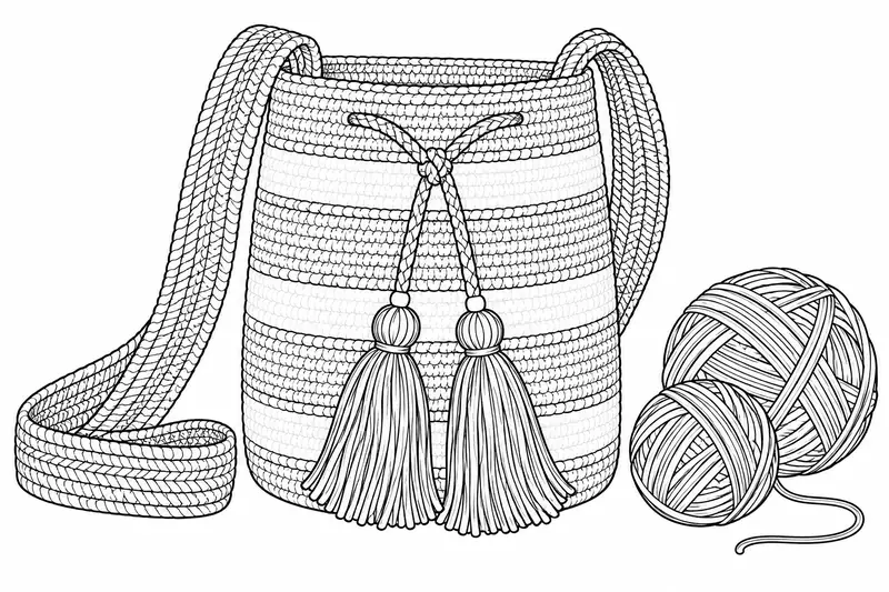 Mochila de cuerpo cilíndrico con asa, cordones y ovillos de hilo