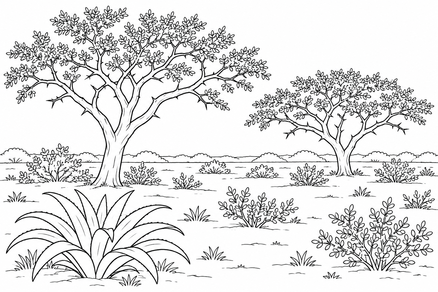 Paisaje de monte con árboles, arbustos bajos y chaguar en primer plano