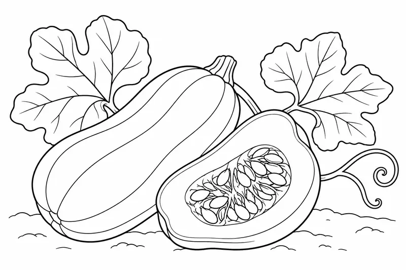 Calabaza entera junto a una mitad con semillas, hojas y un zarcillo