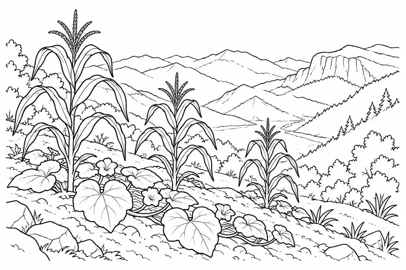 Plantas de maíz y hojas de calabaza sobre una pendiente con montañas al fondo