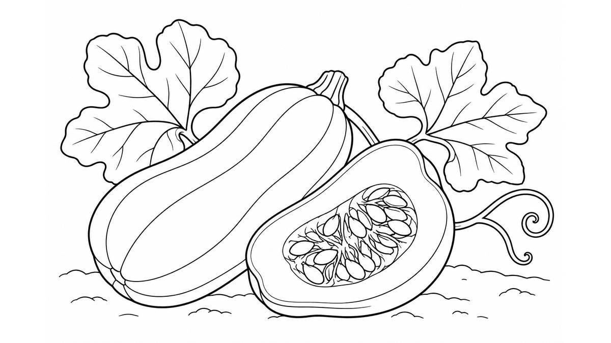 Calabaza entera junto a una mitad con semillas, hojas y un zarcillo