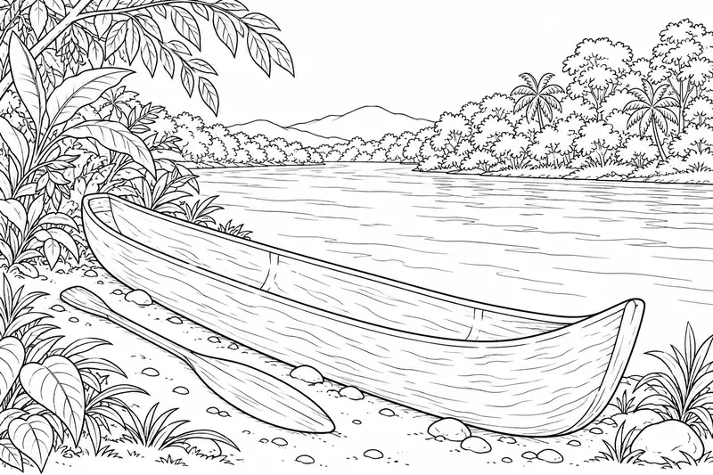 Canoa de madera y remo junto a una orilla con vegetación