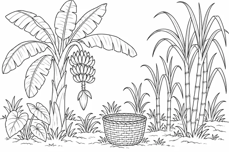 Plantas de plátano y caña en una escena de cultivo