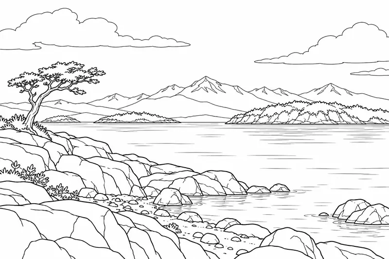 Paisaje de canal austral con costa rocosa, árboles y montañas al fondo