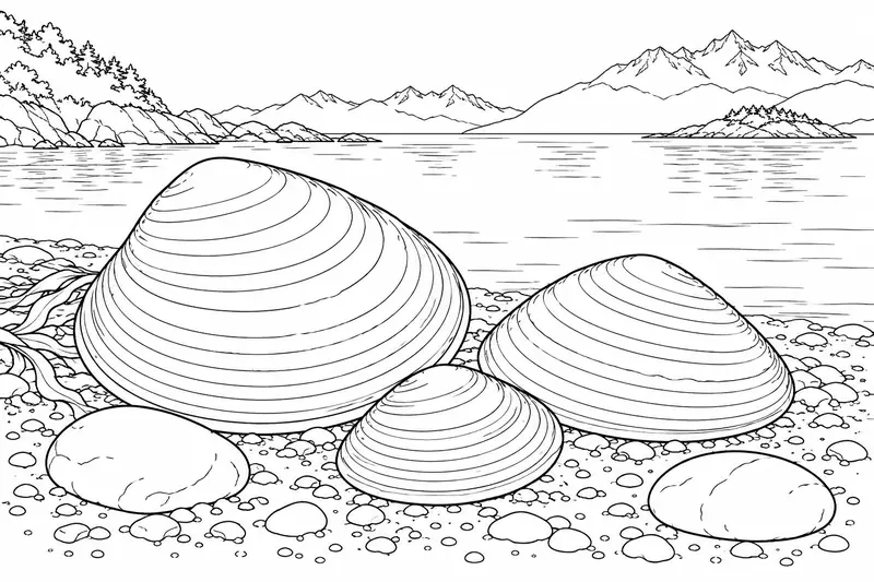 Conchas de bivalvos y piedras pequeñas sobre una playa de los canales australes