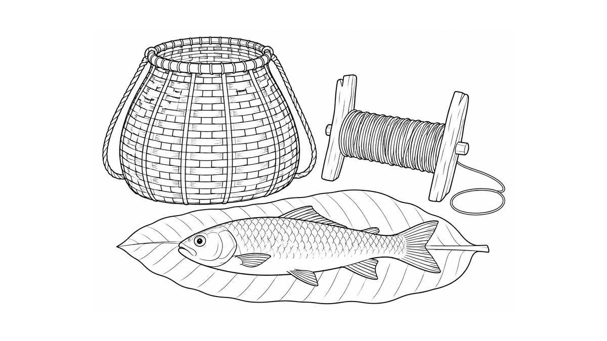 Recipiente tejido, línea de pesca sobre un soporte y un pez sobre una hoja