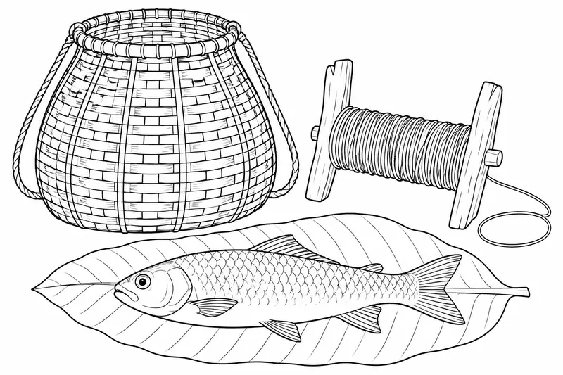 Recipiente tejido, línea de pesca sobre un soporte y un pez sobre una hoja