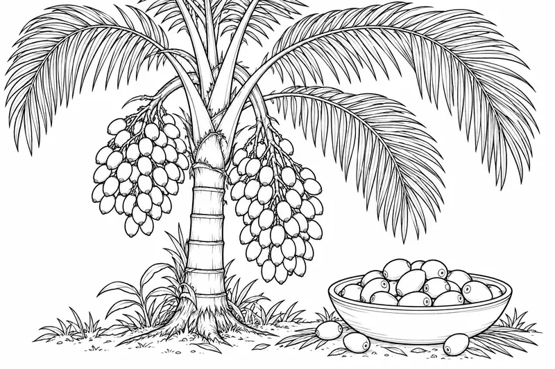 Palma de pupunha con racimos y frutos reunidos en un recipiente sencillo
