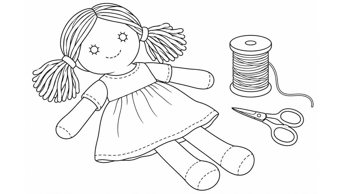Muñeca de tela con costuras junto a hilo y tijeras