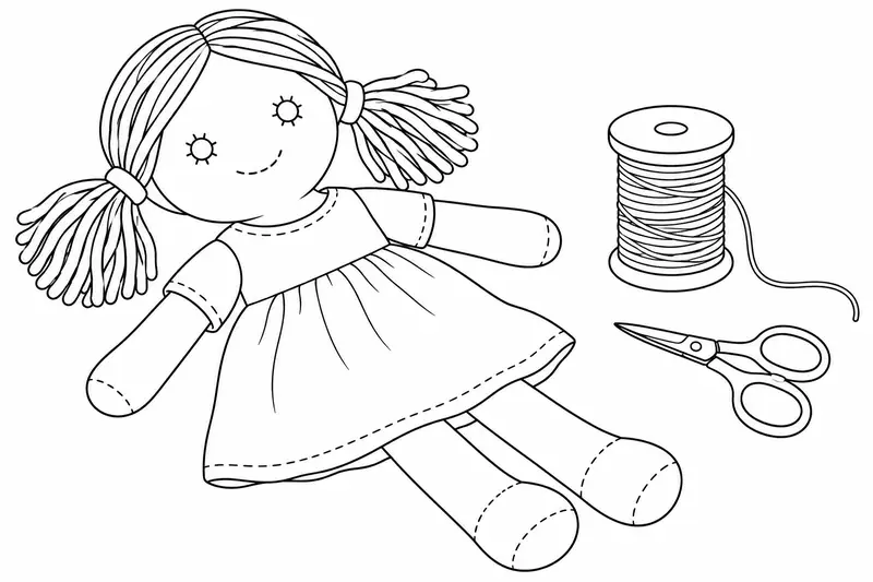 Muñeca de tela con costuras junto a hilo y tijeras