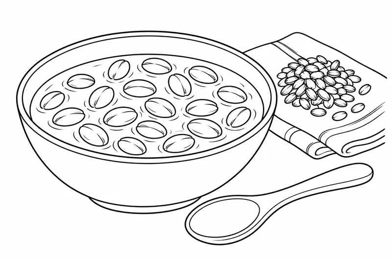 Cuenco de pozole de trigo junto a granos secos y una cuchara