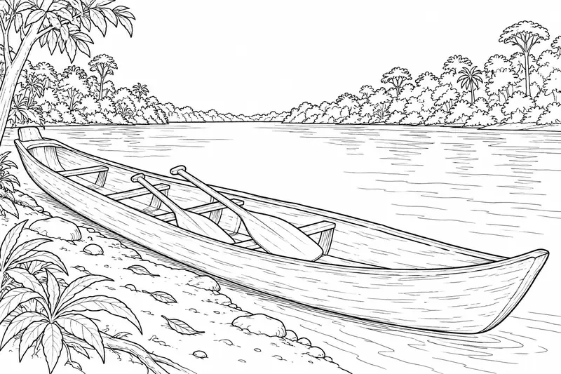 Canoa larga de madera con dos remos junto a una ribera arbolada
