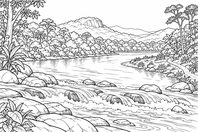 Río de bosque con una curva, pequeñas zonas de rápidos y un sendero en la orilla