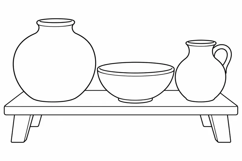 Tres vasijas de barro de formas distintas sobre una mesa sencilla para colorear