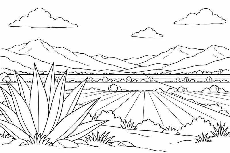 Valle agrícola con agave en primer plano y montañas alrededor para colorear