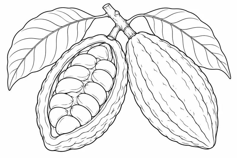 Mazorca de cacao abierta junto a otra cerrada y hojas
