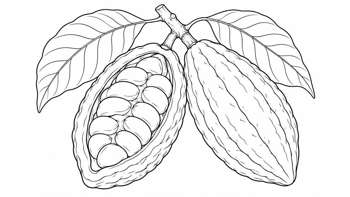 Mazorca de cacao abierta junto a otra cerrada y hojas