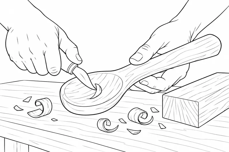 Manos tallando una cuchara de madera junto a virutas